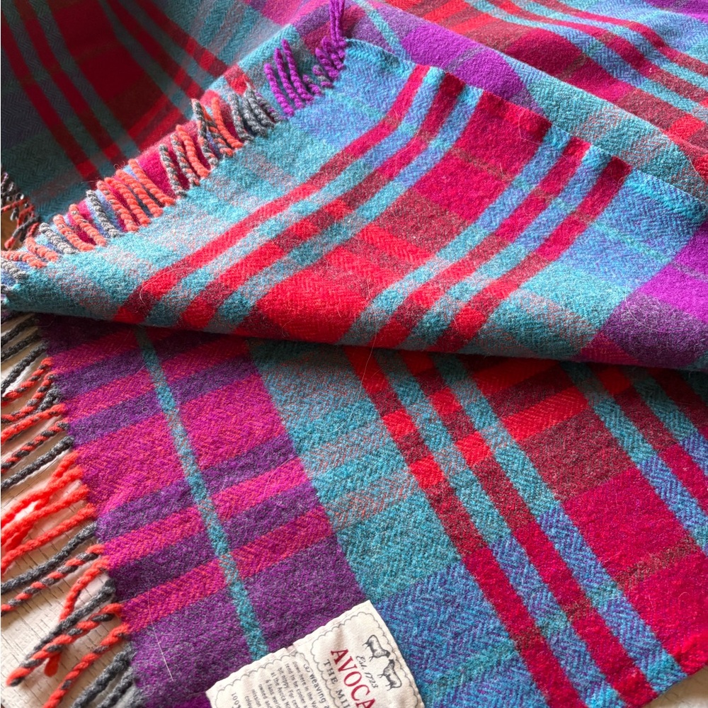 CB2 Pink and Blue Plaid Throw Blanket - Picture 3 of 7